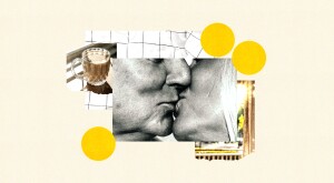photo collage of older couple kissing