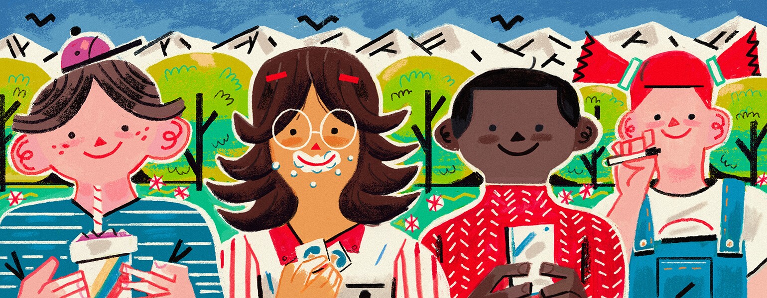 An illustration of four teens, all engaging in dangerous teen trends, like vaping or eating tide pods.