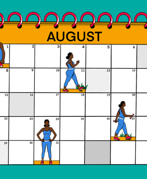 illustration of august calendar with woman planning workouts and exercise routines