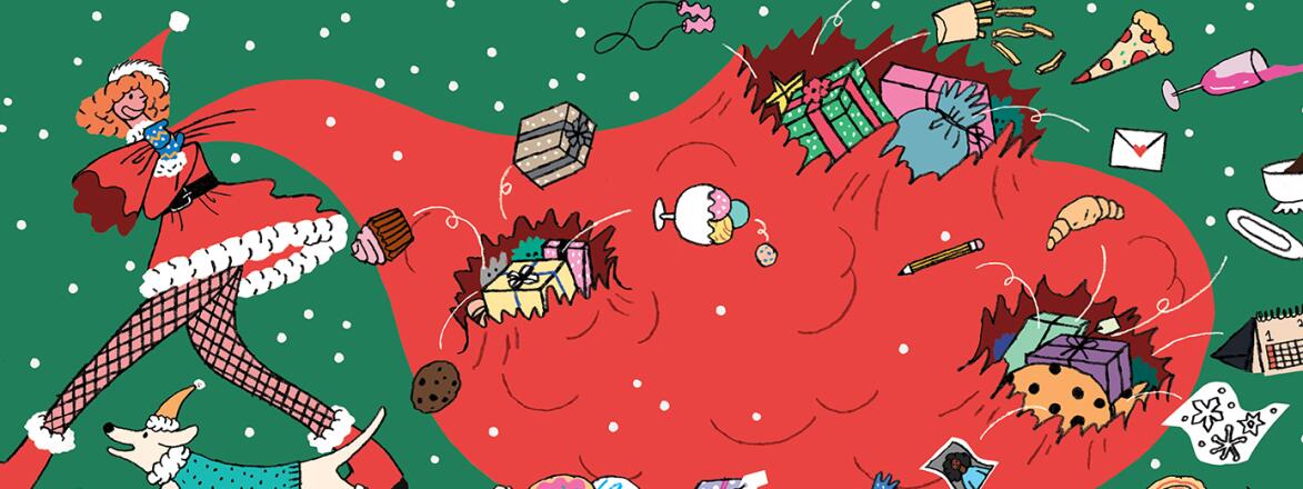 illustration of lady pulling a bag full of different holiday gifts