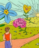 illustration of woman walking on a pathway towards a bright sun surrounded by blooming flowers