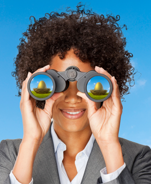 image of woman using binoculars looking at retirement nest eggs