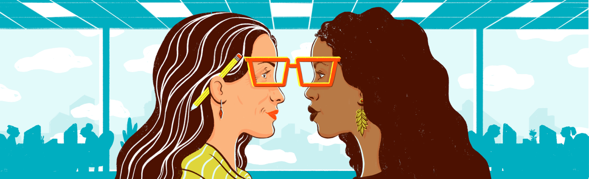 illustration of women face to face at work and one being younger