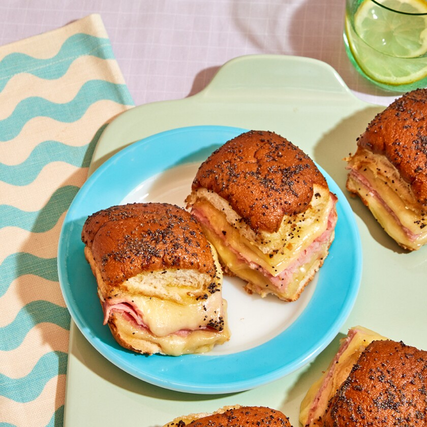 Overhead photo of classic ham and cheese on rolls