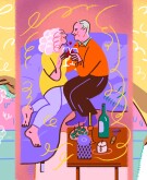 illustration of nurse bathing old man, couple drinking wine, ailing husband