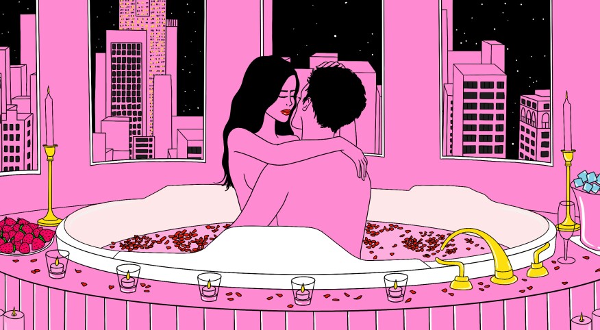 Illustration of a couple spicing it up by making love in bathtub.