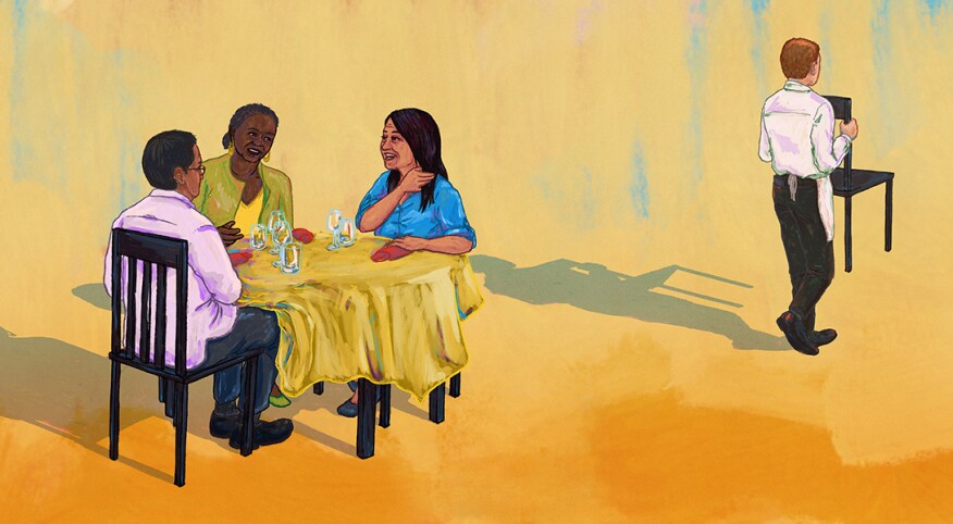 illustration of women sitting at a dinner table and waiter walking away with an empty chair