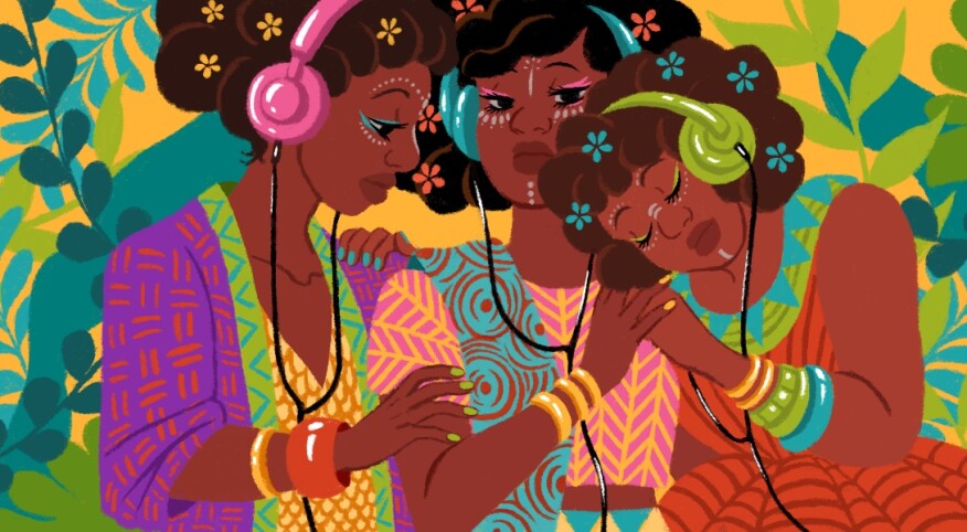 illustration of three ladies hugging and hearing music