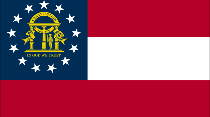 The Georgia state flag features three red-white-red stripes and a blue canton with 13 stars encircling the state coat of arms.