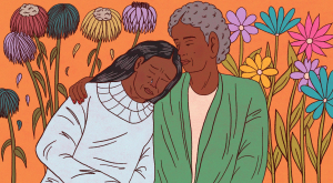 Two women, comforting each other, flowers in background, illustration