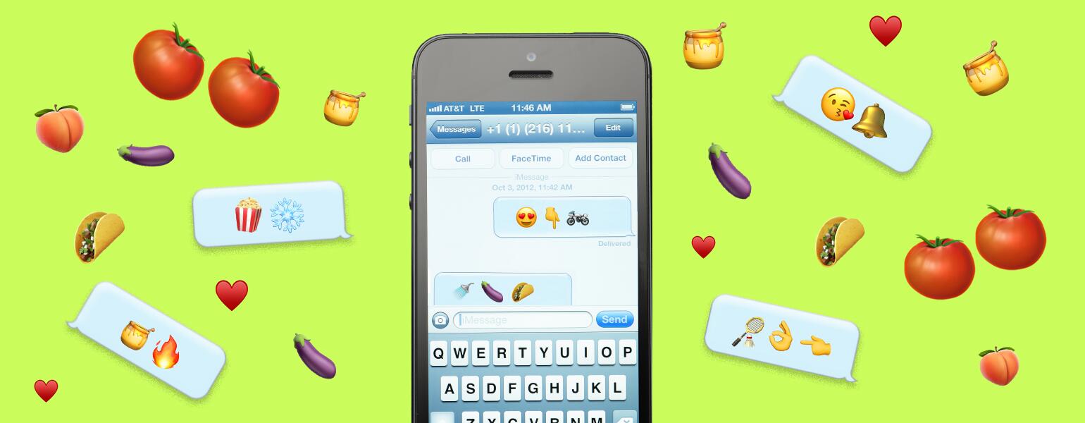 A graphic of a sexting conversation using various emojis on a cellphone. The cellphone is surrounded by various other emojis.