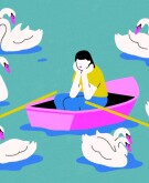 illustration of woman on boat surrounded by swans on pond