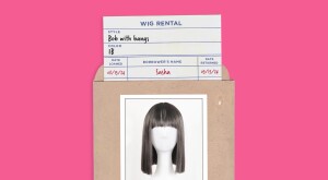 photo collage of wig rental car with image of bob with bangs on head mannequin