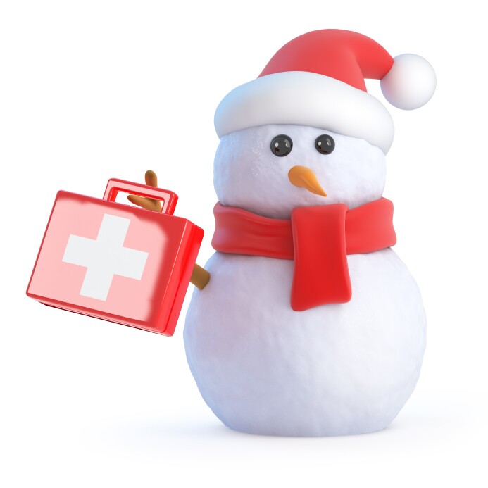 3d Santa snowman holds up a first aid kit