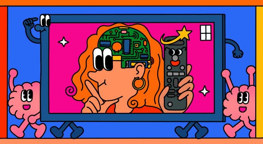 illustration of woman holding remote control learning about technology