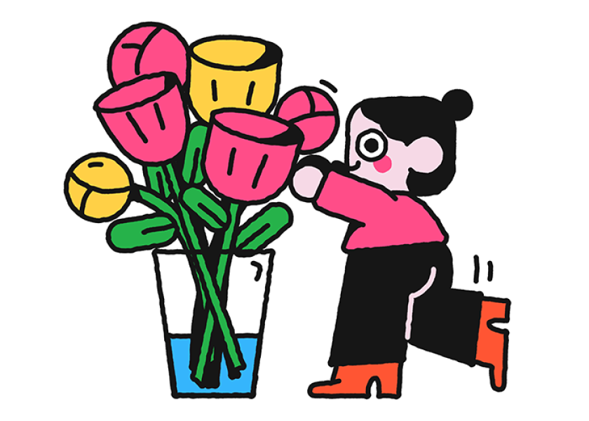 illustration of woman putting flowers in vase