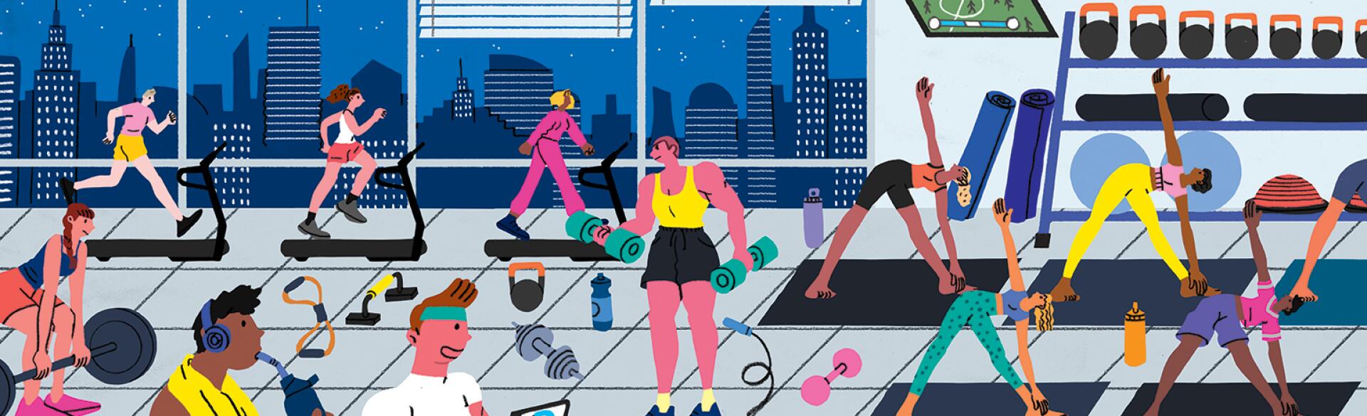 Illustration of people in a gym working on their fitness and healthy lifestyle.