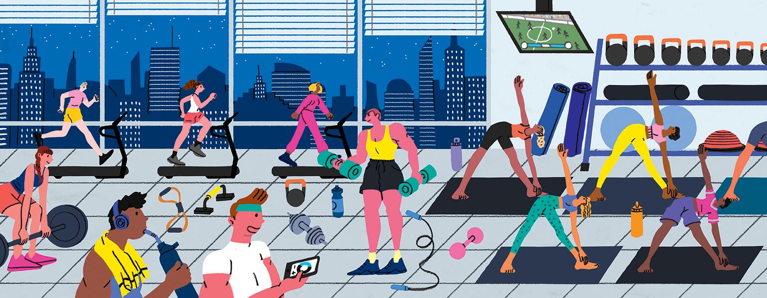 Illustration of people in a gym working on their fitness and healthy lifestyle.
