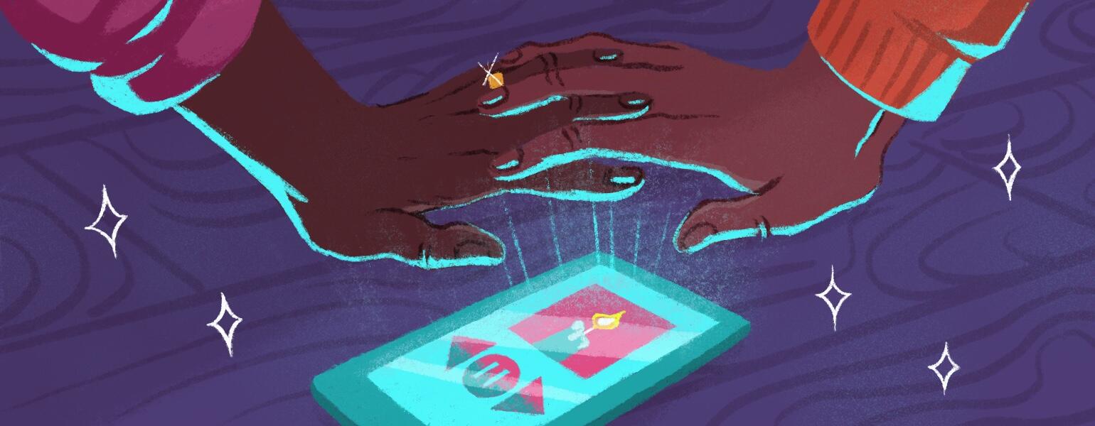 illustration of couple holding hands and listening to playlist for lovers by charlot kristensen