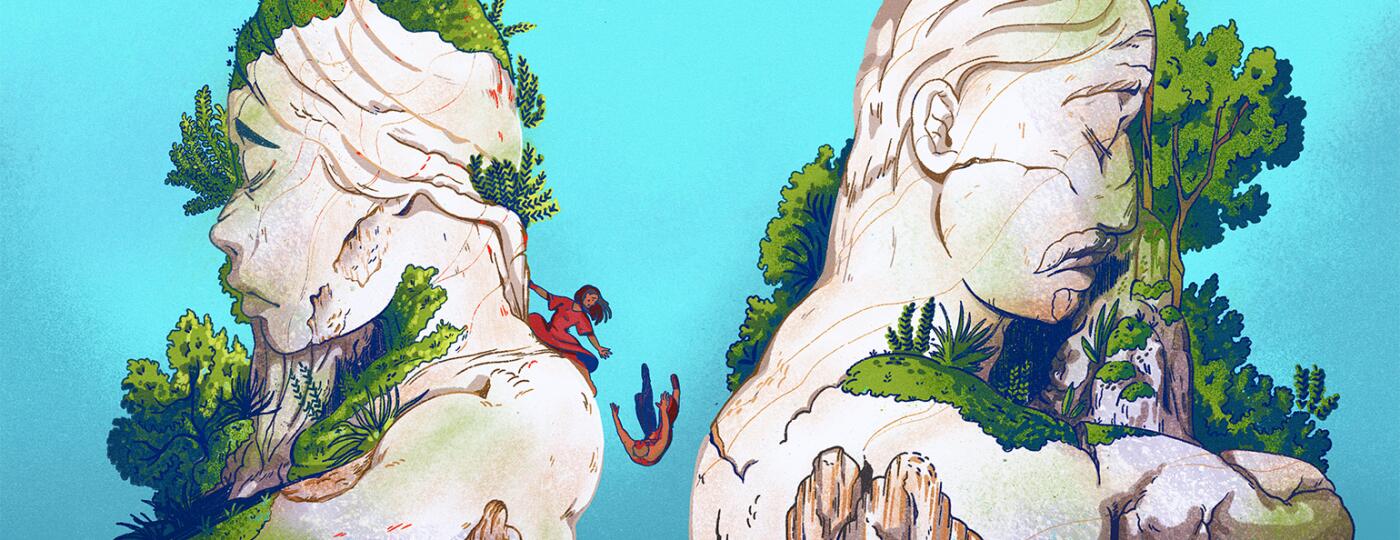 Illustration of a lady trying to reach out to a man who slipped off a mountain