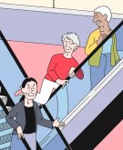 illustration of woman hitting another woman's neck while riding on escalator, toxic friends, relationships