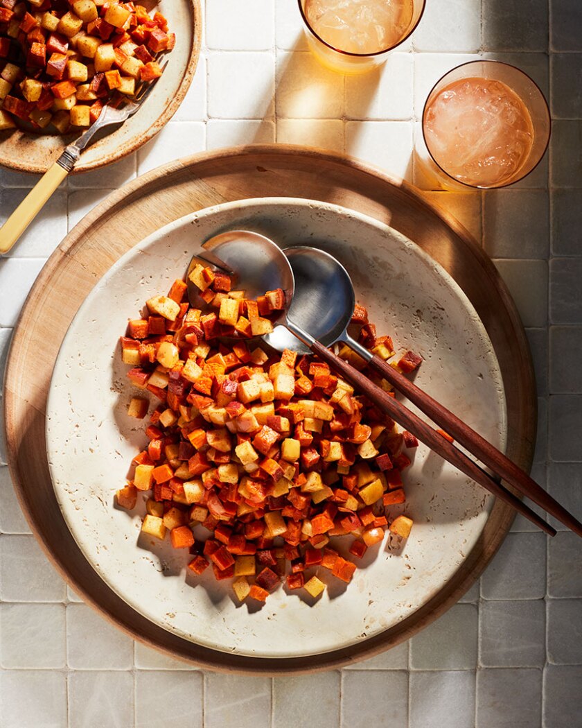 Root vegetable recipe styled on autumnal rustic background