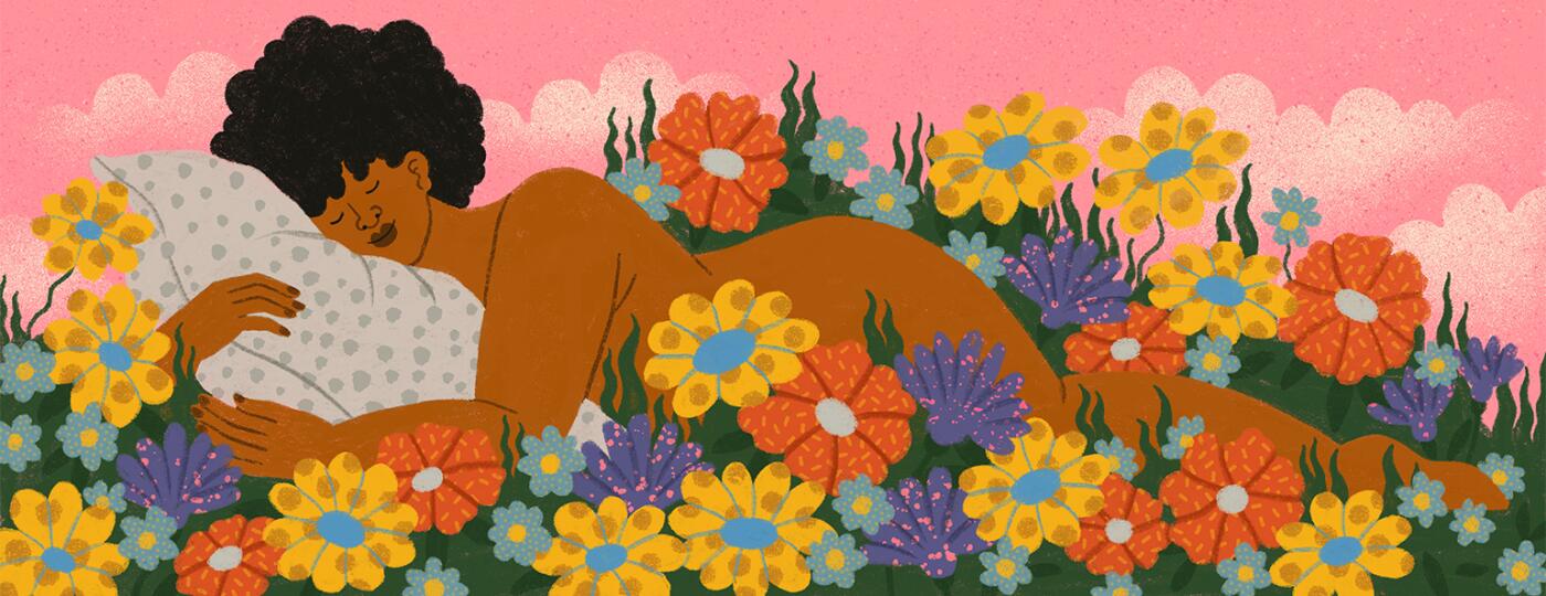 Illustration of black lady laying on a bed of flowers enjoying time by herself.