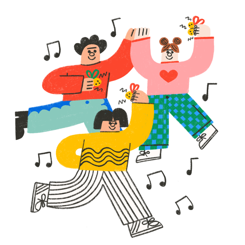 illustration of family listening to music shaking jingle bells