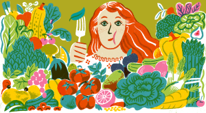 illustration of woman eating healthy surrounded by veggies and fruits