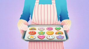 illustration of woman holding a tray with happy, colorful cookies