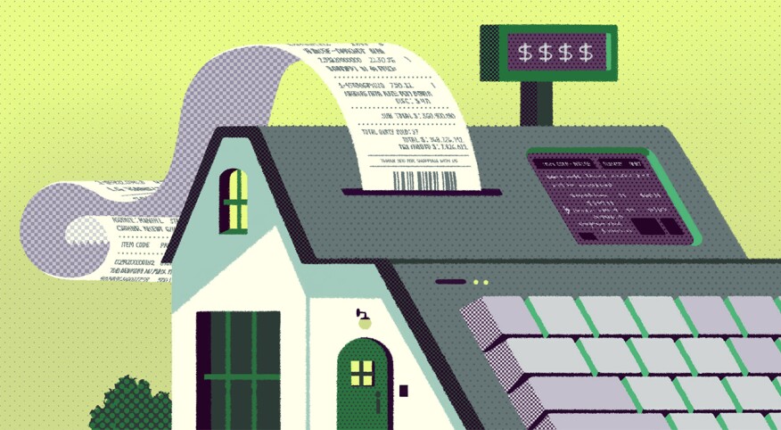 illustration of receipt exiting house, property taxes, finances