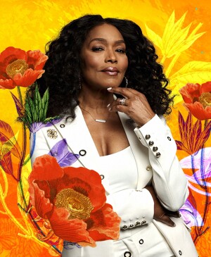 photo collage of angela bassett surrounded by flowers