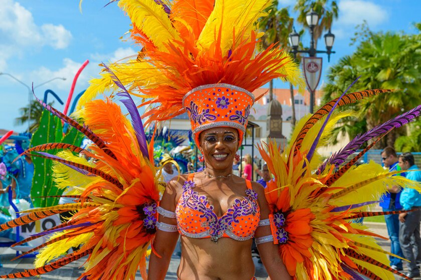 Portrait of woman during Carnival on Llyod G. Smith Boulevard in Oranjestad, Aruba