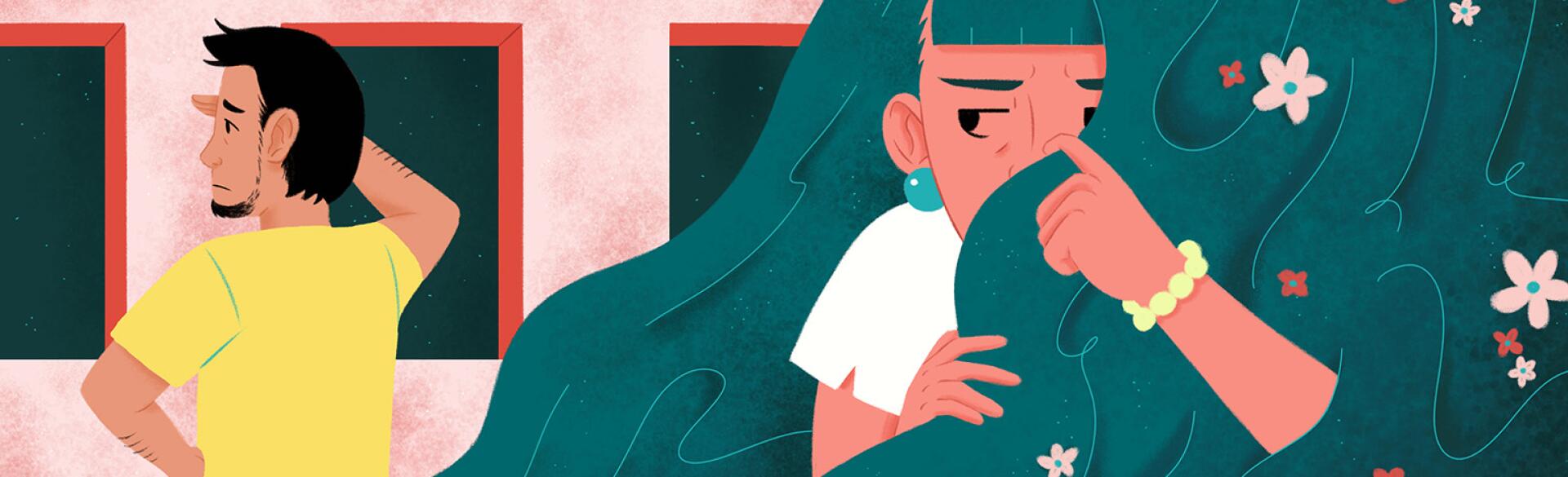 An illustration of a woman ducking behind her own hair to avoid her ex, who is searching for her.