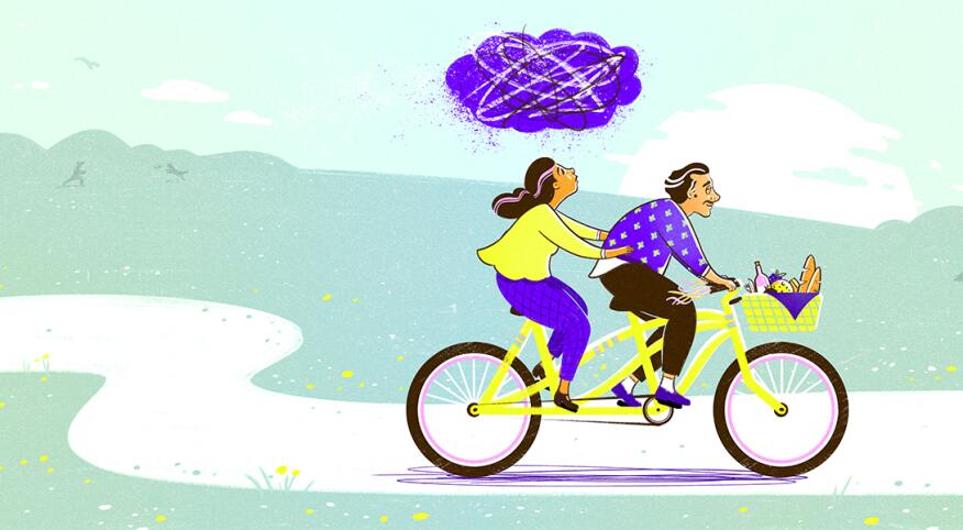 illustration of couple riding a bike with cloud of anxiety over the female by tara jacoby