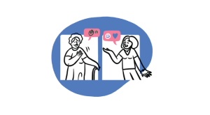 Two women talking with speech bubbles showing emojis