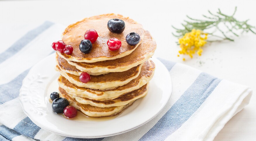 pancakes, berries, honey, rosemary