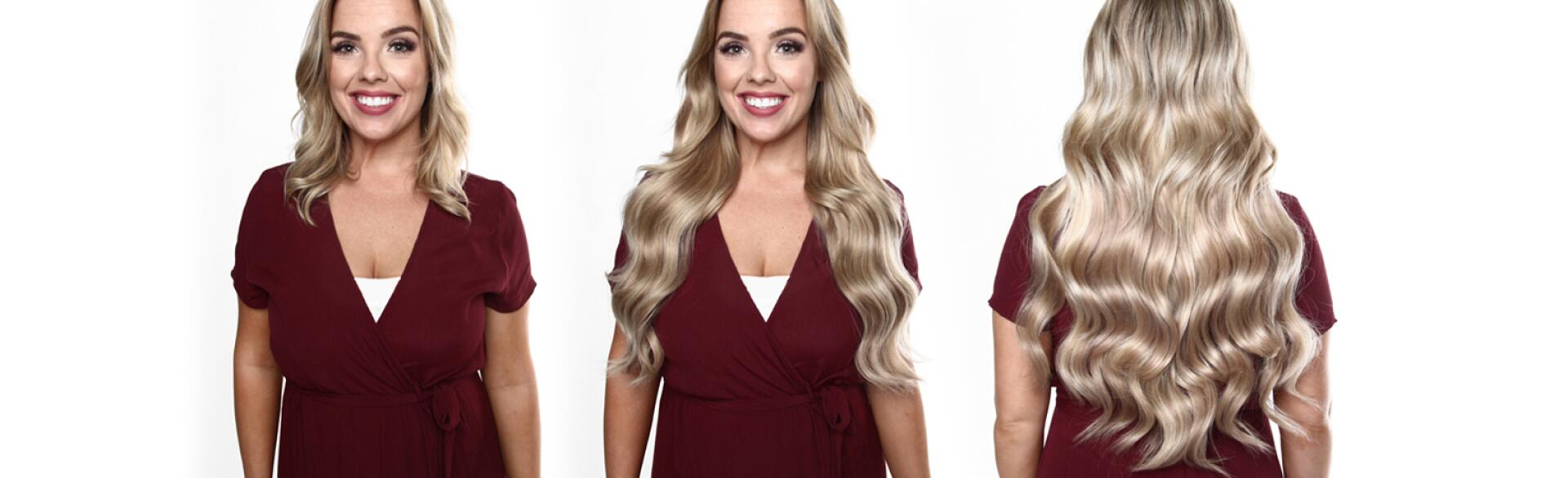 A set of before and after photos of a woman modeling halo hair extensions.