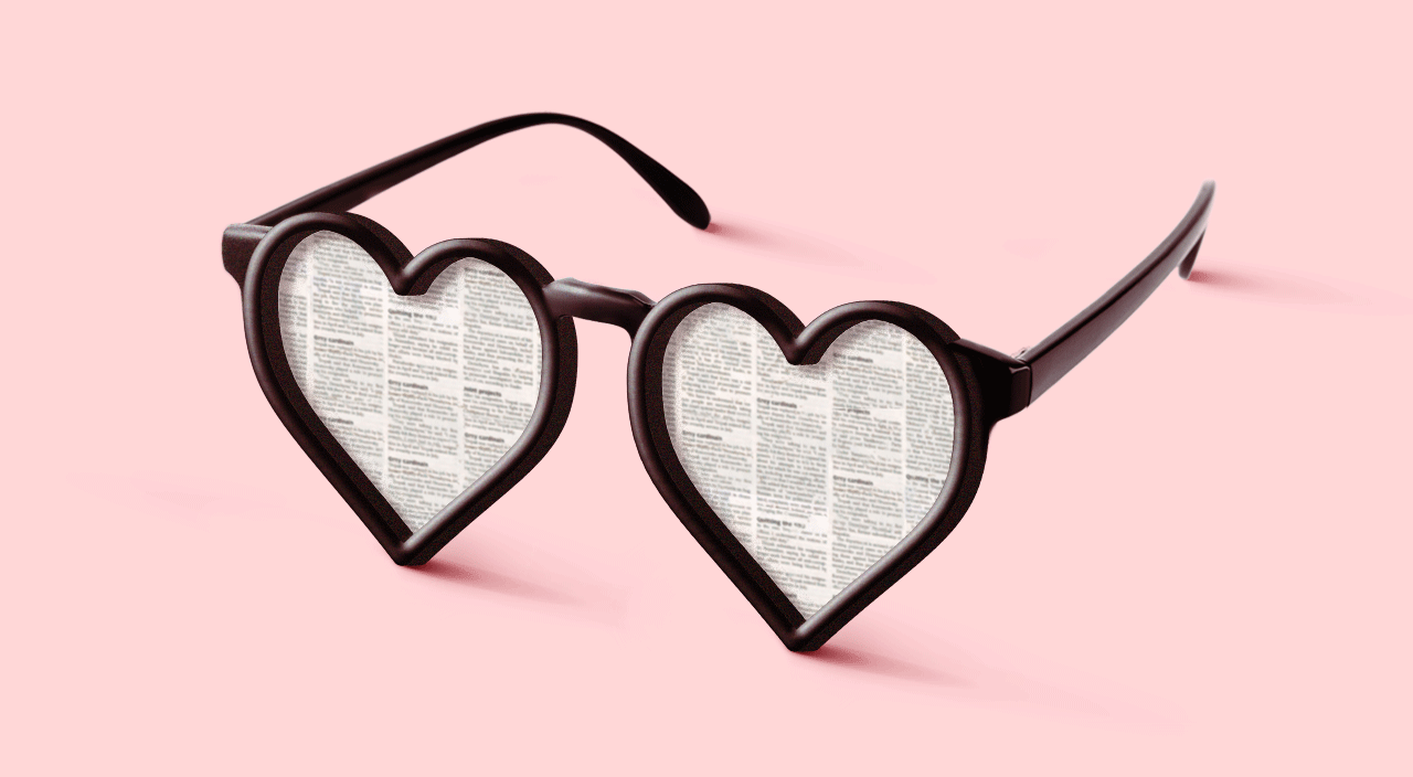 Photo illustration of heart shaped glasses on a bright background, within the frames are dating ads