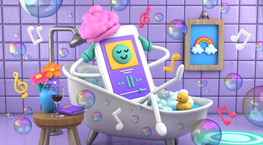 illustration of music player in bathtub, feel good playlist