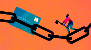 illustration of lady cutting off credit card debt by chiara ghigliazza