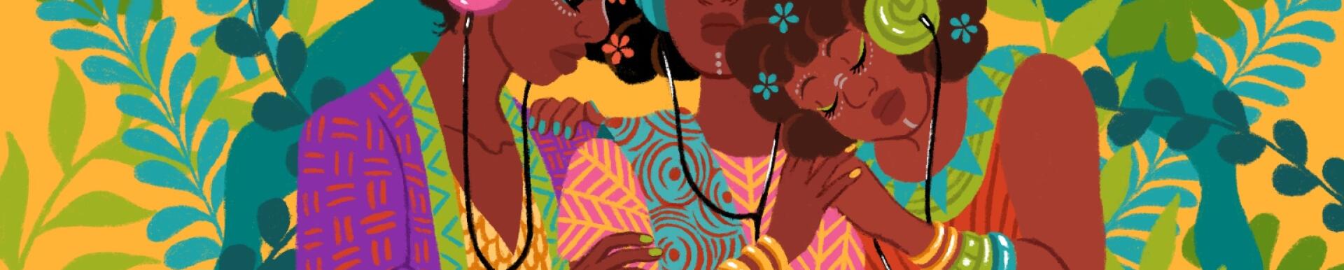 illustration of three ladies hugging and hearing music