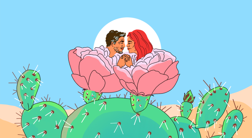 illustration of couple in love nestled on a cactus plant with flowers
