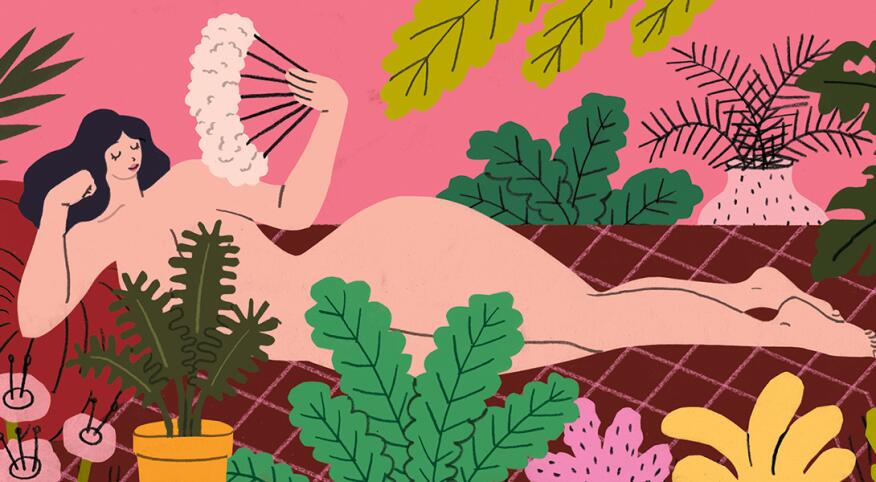 Illustration of woman feeling sexy surrounded by plants fanning herself