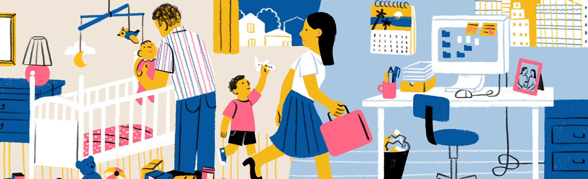 illustration of mother between home and office