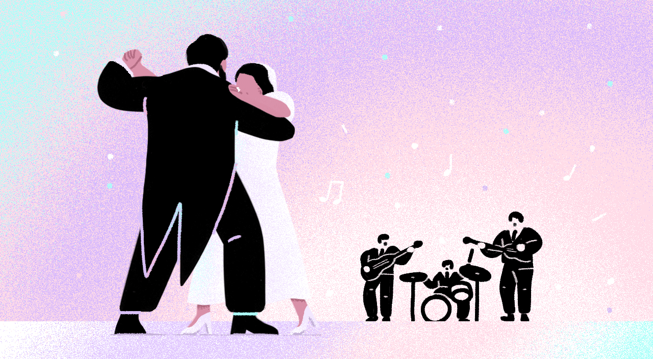 gif animation of couple dancing to the beatles playing music