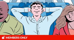 illustration of man resting taking up extra space between two passengers on flight