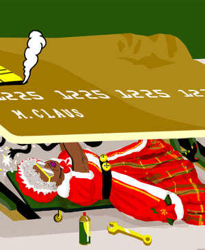 illustration of mrs claus being squished by credit card, holiday debt, shopping