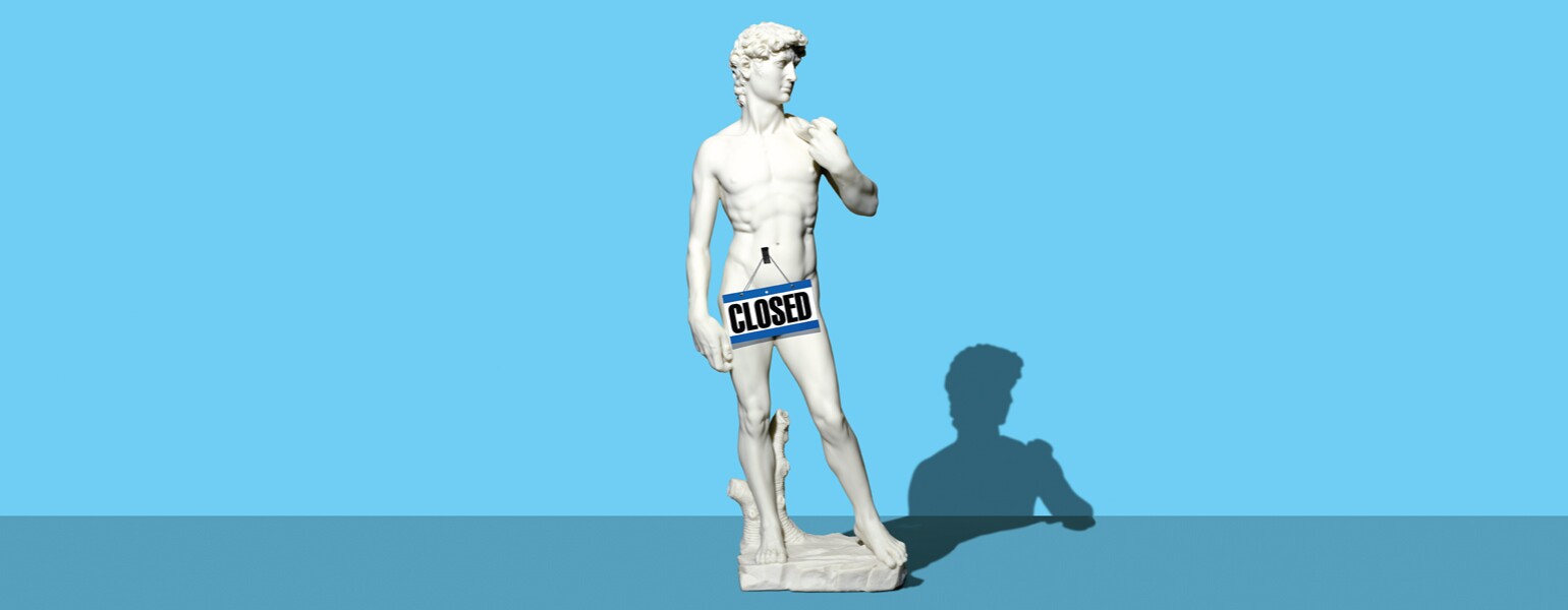 A photo of the statue of David with a "closed" sign over the crotch, indicating his low libido.
