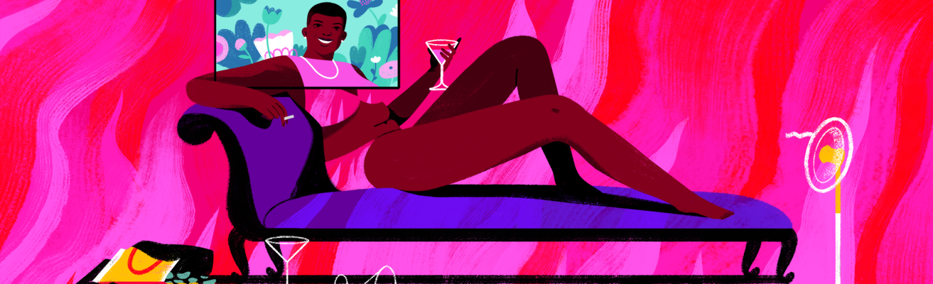 illustration of woman lounging on chair in bra and underwear with martini and fan on her